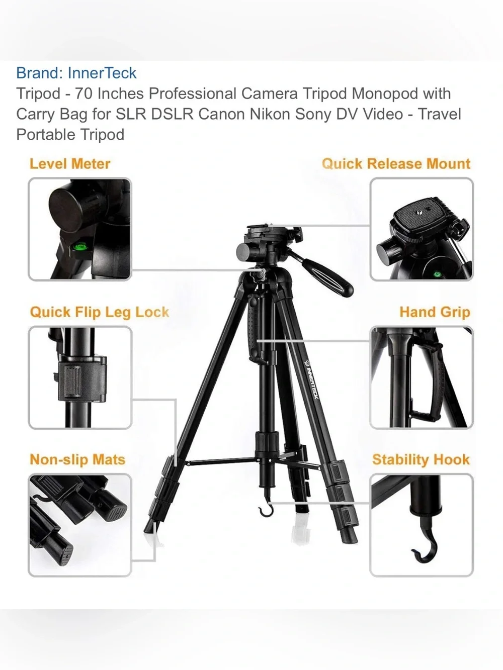 InnerTeck Black Camera Tripod with Adjustable Center Column & Flip-Lock Legs